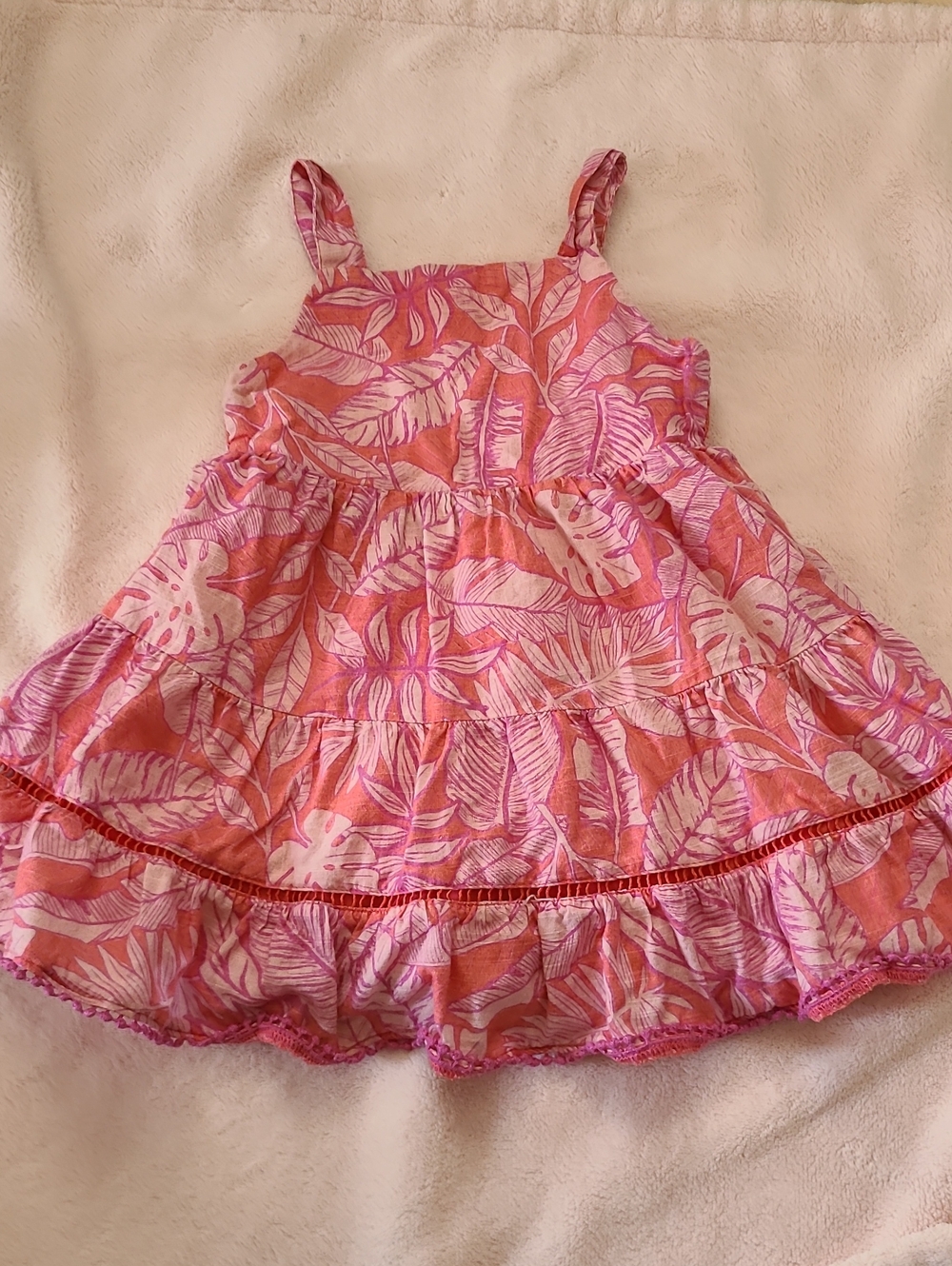 Cat & Jack Pink Tropical Tiered Sundress with White Leaf Print